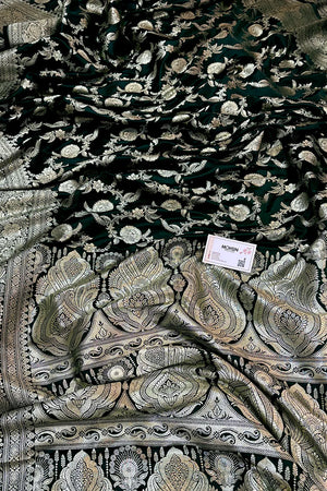 Bottle Green Shahanshahi Jaal Katan Silk Banarasi Saree