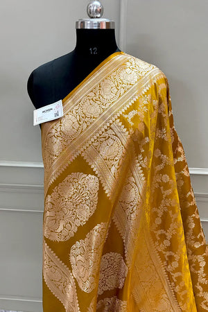 Mustard Moglai Jaal Katan Silk Banarasi Saree