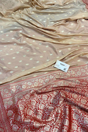 Beige and Red Rudraksha Buti Katan Silk Banarasi Saree