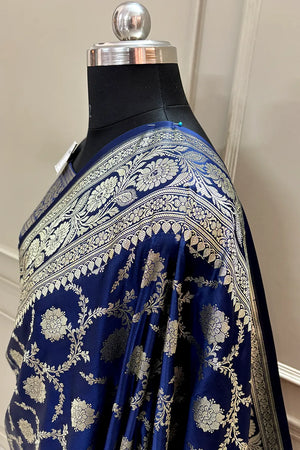 Navy Blue Murmuri Jaal Katan Silk Banarasi Saree