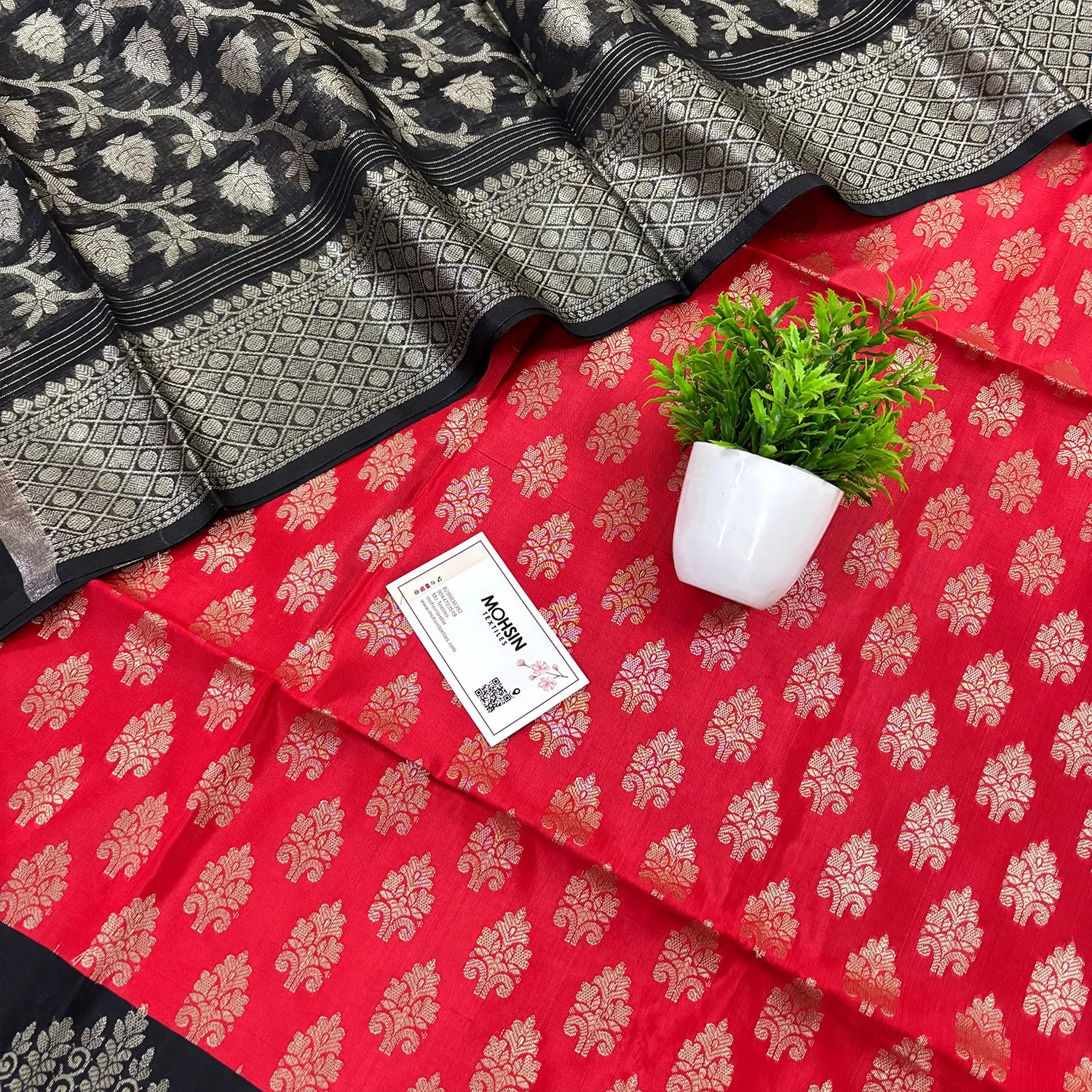 Red and Black Frozen Tree Satin Silk Banarasi Suit