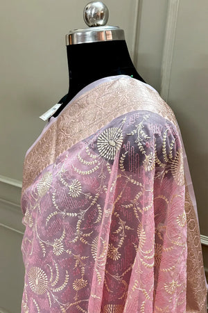 Baby Pink Embroidery Organza Silk Banarasi Saree