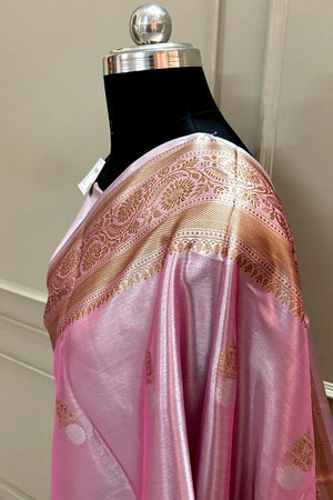 Baby Pink Golden Zari Tissue Silk Banarasi Saree