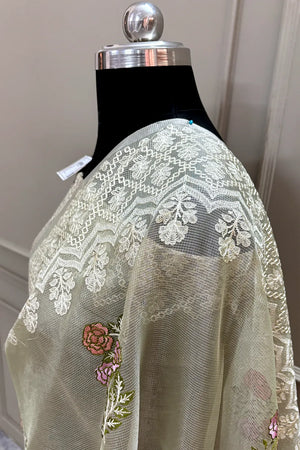 Beige Embroidery Tissue Silk Banarasi Saree