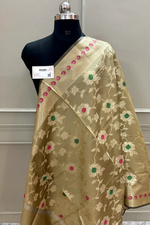 Beige Meenakari Satin Silk Banarasi Dupatta