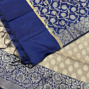 Beige and Navy Blue Gulkan Buti Satin Silk Banarasi Suit