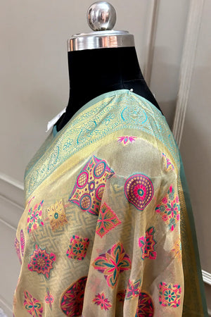 Beige and Teal Golden Zari Tissue Silk Banarasi Saree