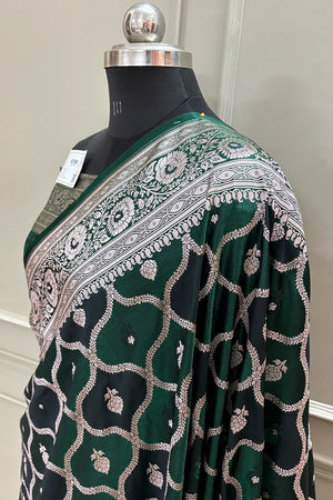 Bottle Green Ghulam Buti Katan Silk Banarasi Saree