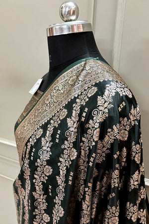 Bottle Green Golden Zari Katan Silk Banarasi Saree