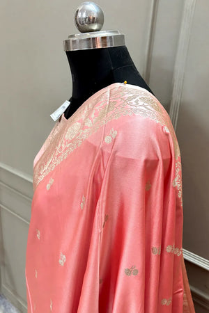 Dark Peach Babu Buti Katan Silk Banarasi Saree