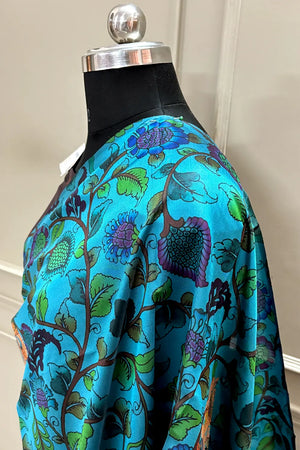 Firozi and Pink Printed Silk Saree