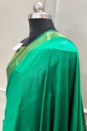 Green Plain Golden Zari Silky Banarasi Saree