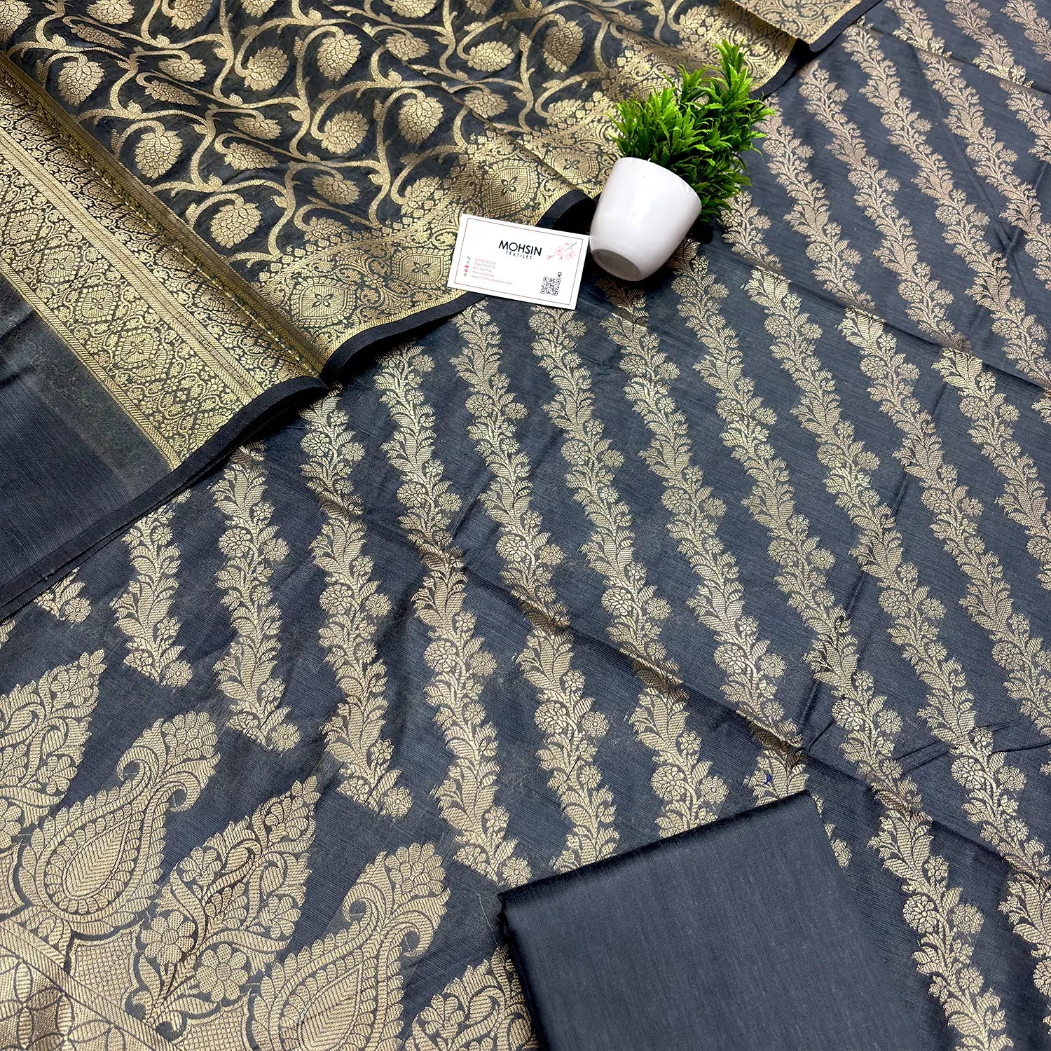 Grey Golden Zari Banarasi Silk Suit