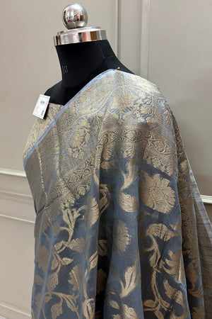 Grey Golden Zari Chanderi Silk Banarasi Saree
