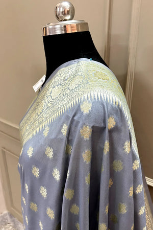 Grey Golden Zari Crepe Silk Banarasi Saree