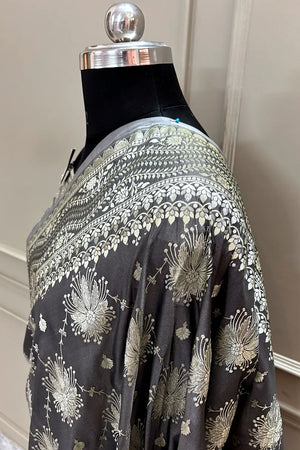 Grey Spider Jaal Katan Silk Banarasi Saree