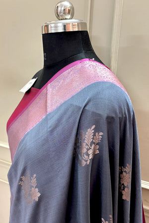 Grey and Pink Golden Zari Banarasi Silk Saree