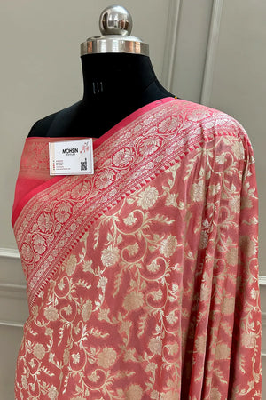 Light Peach and Peach Gulabi Jaal Katan Silk Banarasi Saree