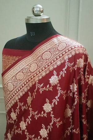 Maroon Akbari Jaal Katan Silk Banarasi Saree