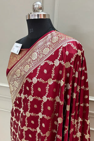 Maroon Qaidi Buti Katan Silk Banarasi Saree