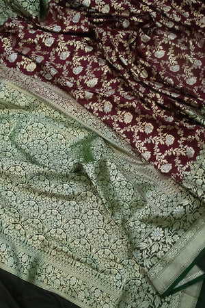 Maroon and Green Maharani Jaal Crepe Silk Banarasi Saree