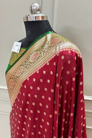 Maroon and Green Makkhi Buti Katan Silk Banarasi Saree