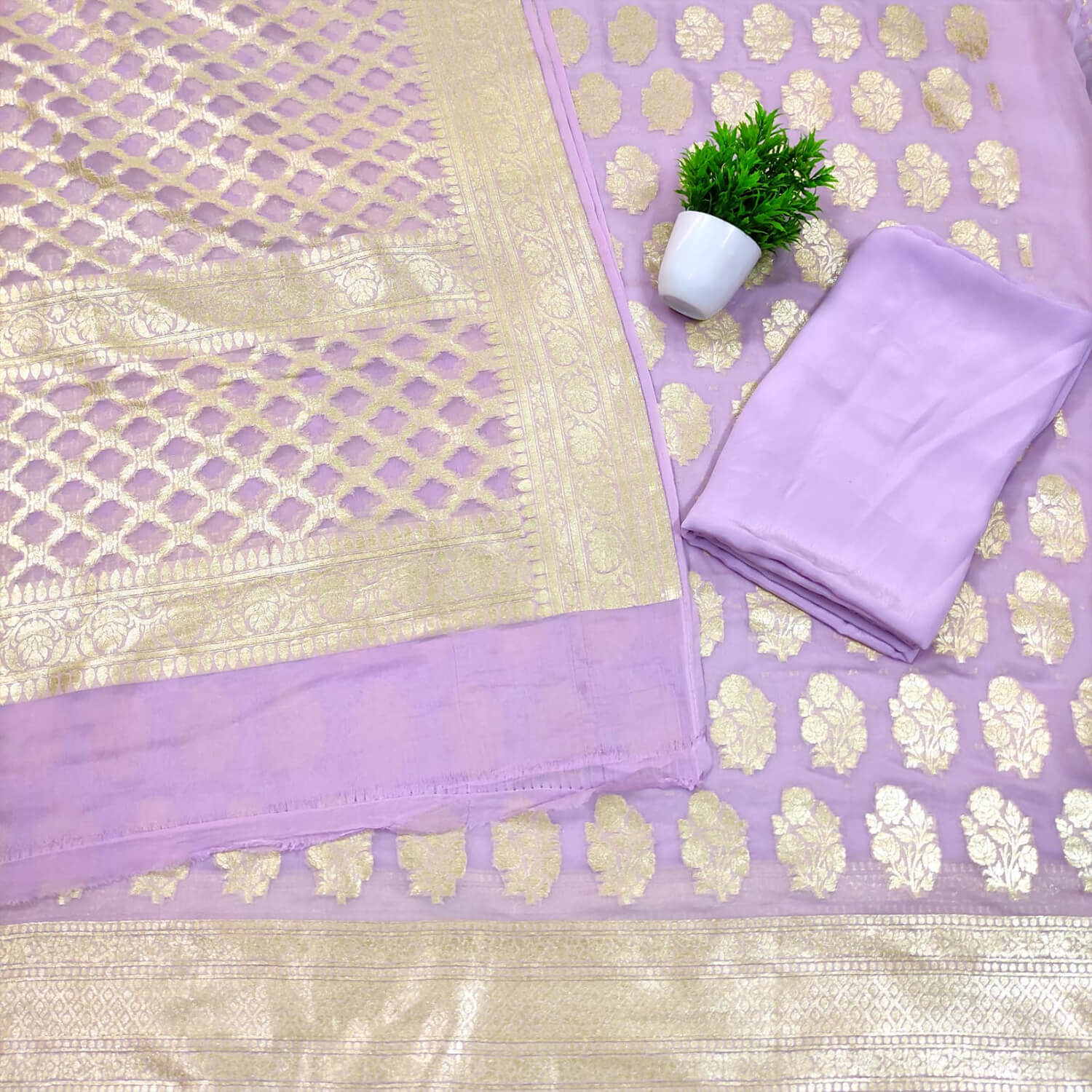 Mauve Platinum Zari Handloom Georgette Silk Banarasi Suit
