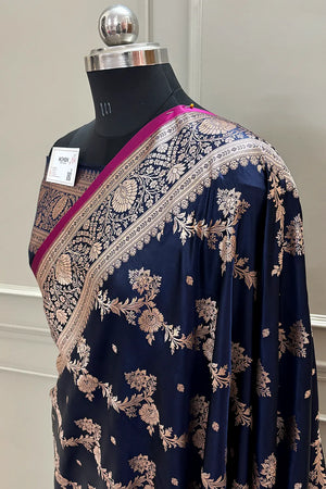 Navy Blue Papakipari Katan Silk Banarasi Saree