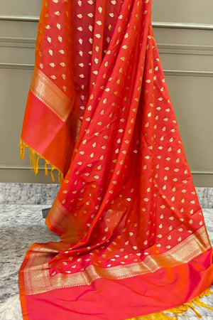 Orange Golden Zari Katan Silk Banarasi Dupatta