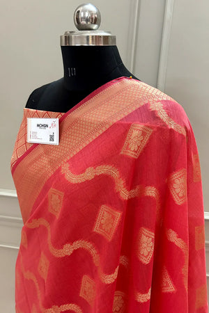 Peach Behti Ganga Chanderi Silk Banarasi Saree