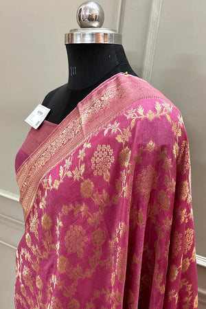 Peach Golden Zari Georgette Silk Banarasi Saree