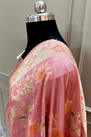 Peach Shakahari Jaal Georgette Silk Banarasi Saree