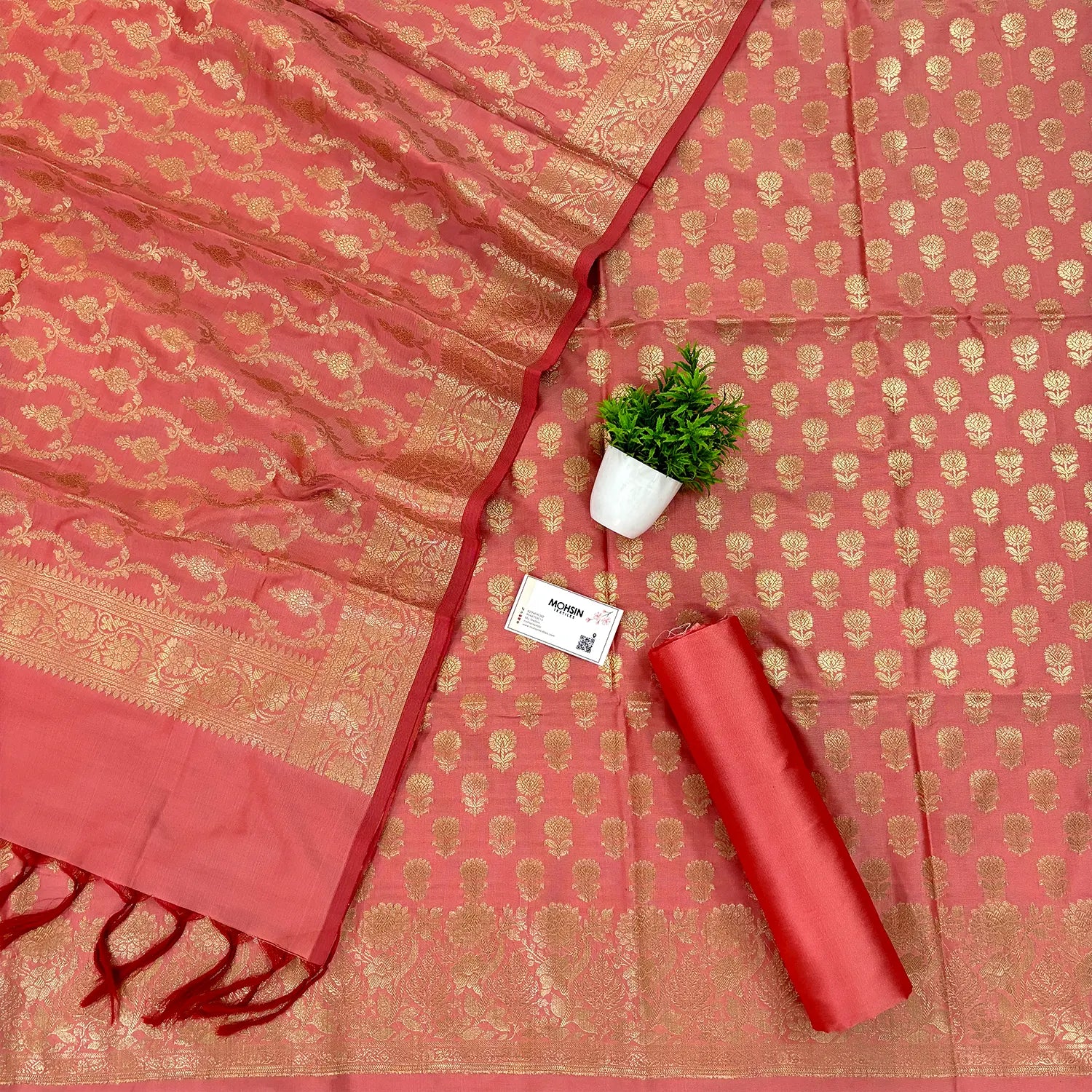 Peach Sunflower Katan Silk Banarasi Suit