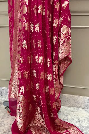 Pink Golden Zari Pure Georgette Silk Banarasi Suit