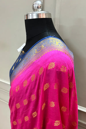 Pink and Navy Blue Golden Zari Silky Banarasi Saree