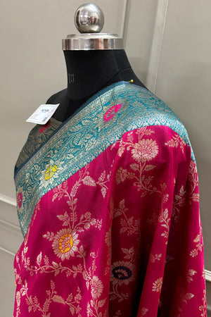 Pink and Teal Golden Zari Silky Banarasi Saree