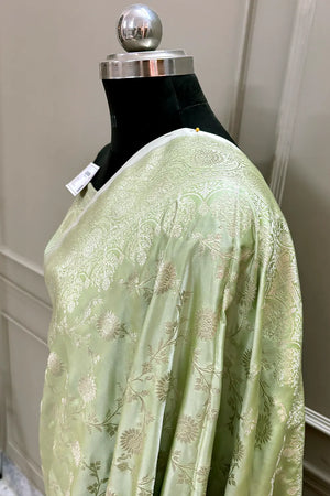Pista Surajmukhi Jaal Katan Silk Banarasi Saree
