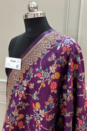 Purple Golden Zari Katan Silk Banarasi Dupatta