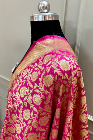 Rani Pink Golden Zari Katan Silk Banarasi Dupatta