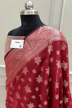 Red Autumn Buti Chanderi Silk Banarasi Saree