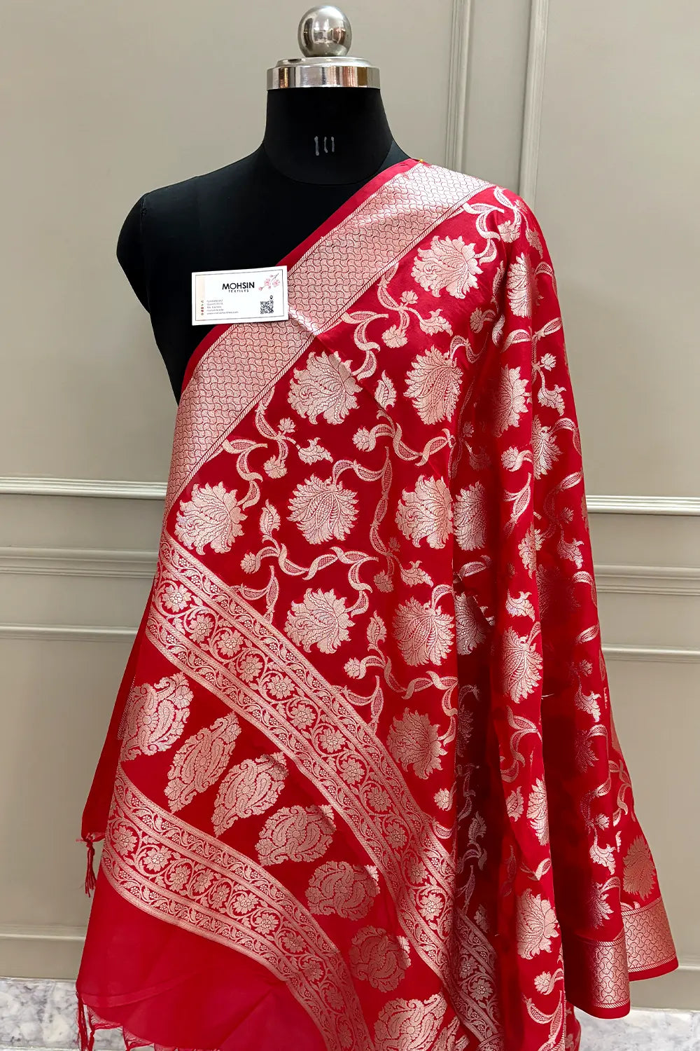 Red Golden Zari Katan Silk Banarasi Dupatta