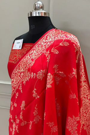 Red Resham Zari Silky Banarasi Saree