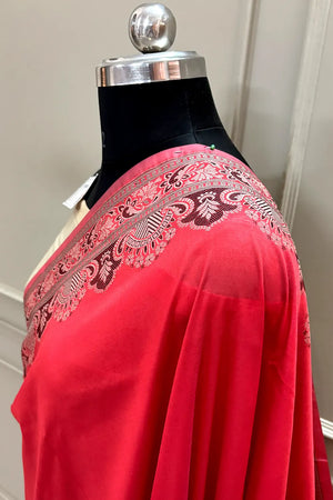 Red and Beige Plain Resham Silk Banarasi Saree