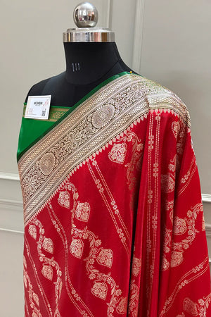 Red and Green Latar Patti Katan Silk Banarasi Saree