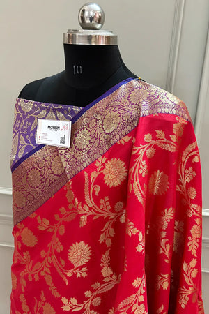 Red and Royal Blue Morpankhi Jaal Satin Silk Banarasi Saree