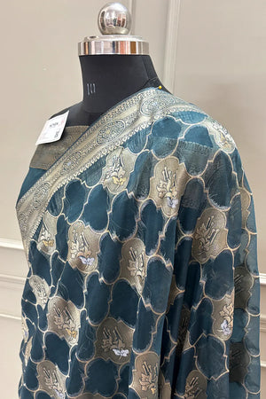 Teal Golden Zari Organza Silk Banarasi Saree