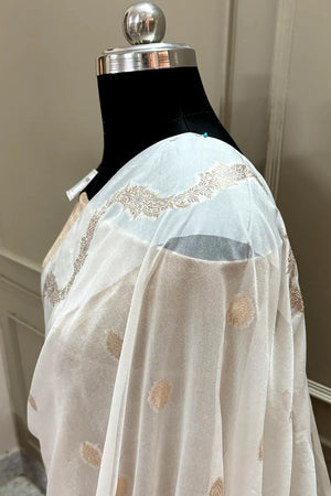 White Golden Zari Raw Mango Banarasi Saree