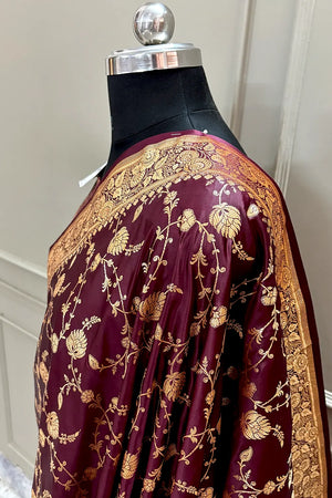 Wine Jangla Katan Silk Banarasi Saree
