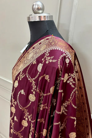 Wine Kanchan Bel Katan Silk Banarasi Saree
