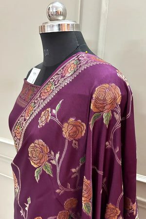 Wine Rosy Jaal Georgette Silk Banarasi Saree